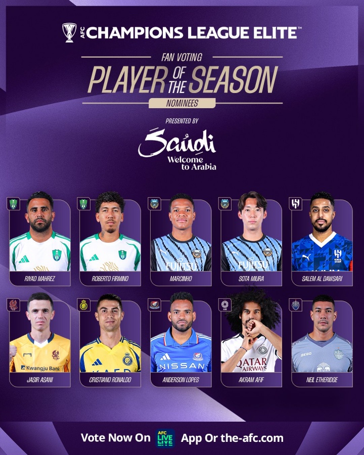 亞冠精英聯(lián)賽賽季最佳球員候選：C羅、馬赫雷斯、菲爾米諾在列